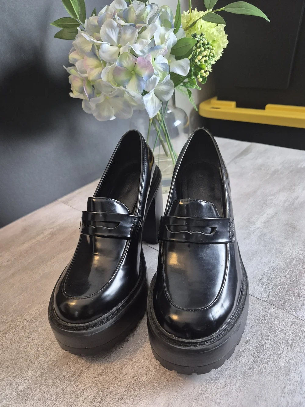 Black Platform Chunky Heel Loafers for Women Madden GIRL GLOSSY FINISH SIZE 6.5